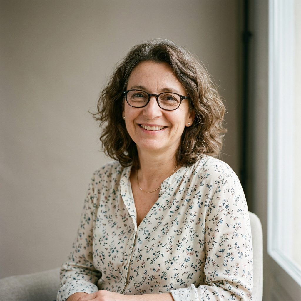 Portrait généré par IA d’une femme souriante, avec des lunettes fines et un chemisier à fleurs